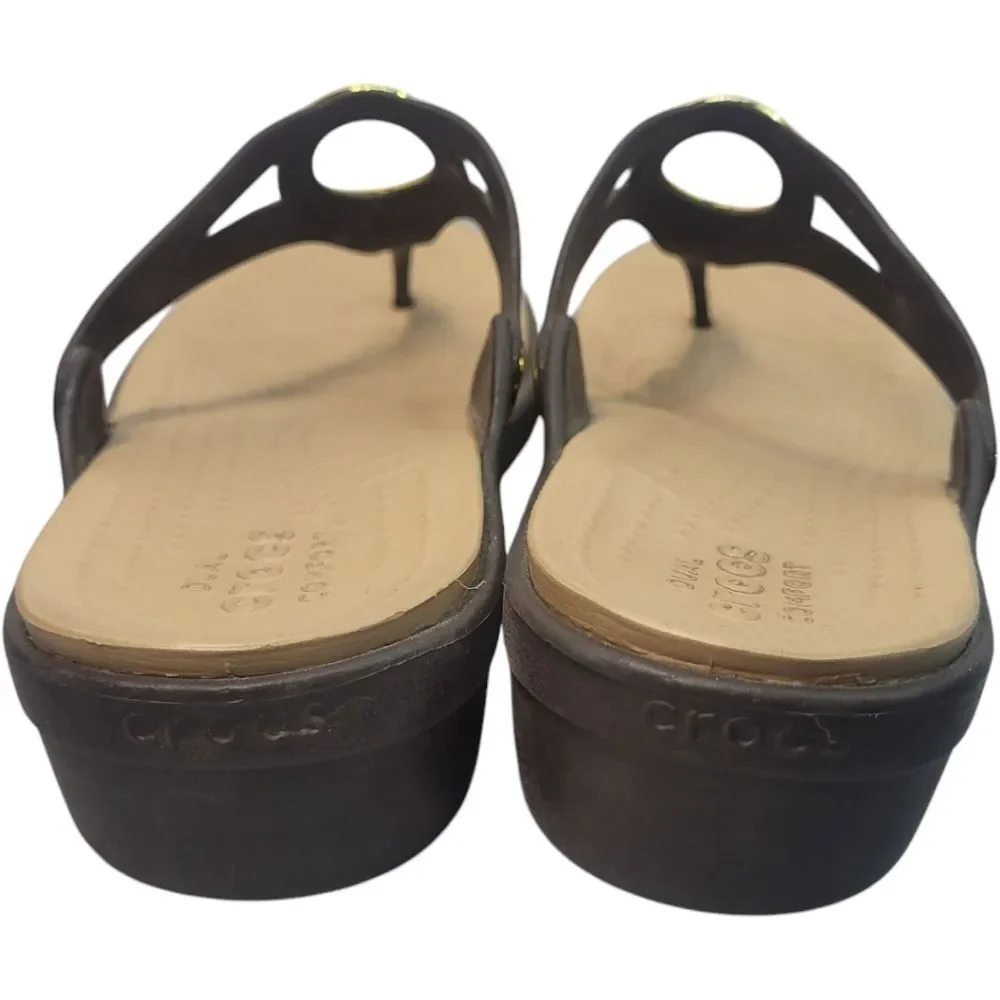 Crocs Sanrah Brown Thong Flip Flop Wedge Sandals Shoes Women's 11